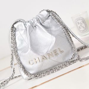 Chanel AS3980 Mini 22 Hobo Bag with Double Crossbody Strap in Shiny Calfskin Silver