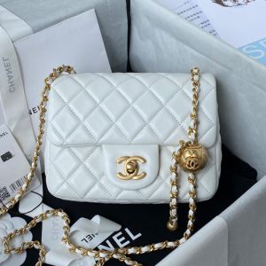 Chanel AS1786 Mini Flap Crossbody Bag with Pearl Crush in Shiny Lambskin White/Gold