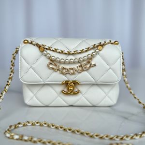 Chanel AS4986 Mini Flap Crossbody Bag with Pearls and Chanel Crystals in Shiny Lambskin White