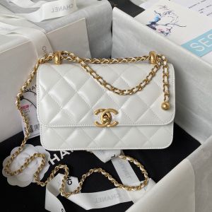 Chanel AS2615 Mini Flap Crossbody Bag with Sphere Embellishment in Shiny Calfskin White