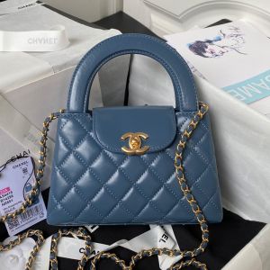 Chanel AS4416 Mini Kelly Shopping Bag with Chain in Shiny Crumpled Calfskin Navy Blue