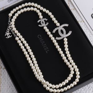 Chanel Pearl Long Necklace with Rhinestone Logo in Metal Beige