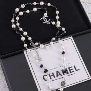 Chanel Pearl Necklace with Pearl Camellia in Metal Black/White