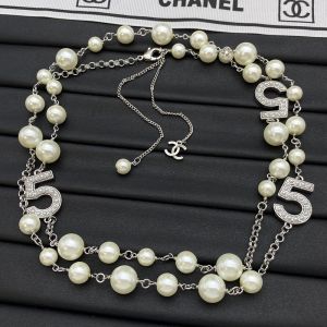 Chanel Pearl No 5 Long Necklace with Pearl Embellishment in Metal Beige