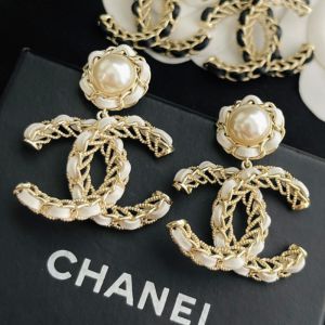 Chanel Pearl Woven Logo Earrings in Metal and Lambskin White