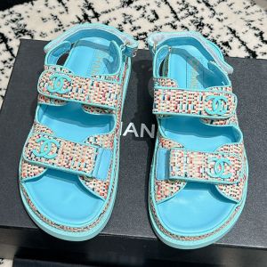 Chanel Platform Sandals with Velcro Strap Women Woven and Calfskin Sky Blue