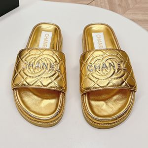 Chanel Platform Slides with Chanel Logo Women Quilted Lambskin Gold