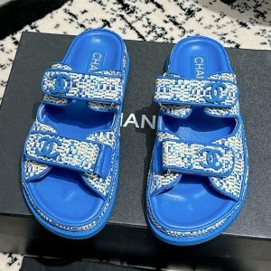 Chanel Platform Slides with Velcro Strap Women Woven and Calfskin Navy Blue