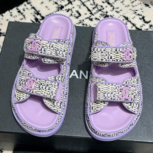 Chanel Platform Slides with Velcro Strap Women Woven and Calfskin Purple