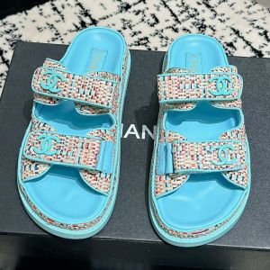 Chanel Platform Slides with Velcro Strap Women Woven and Calfskin Sky Blue