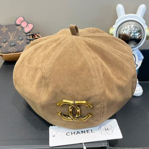 Chanel Pumpkin Beret Hat with Bamboo Logo in Suede Khaki