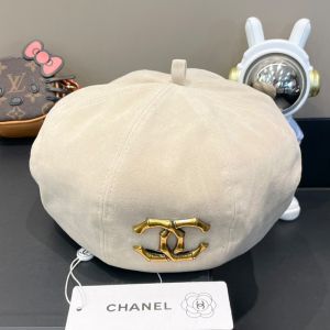 Chanel Pumpkin Beret Hat with Bamboo Logo in Suede White