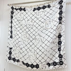 Chanel Scarf 90 with Camellia Logo Motif in Silk Beige