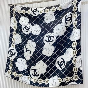 Chanel Scarf 90 with Camellia Logo Motif in Silk Black