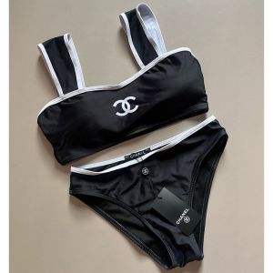 Chanel Shoulder Straps Bikini with Logo Print Women Cotton Black