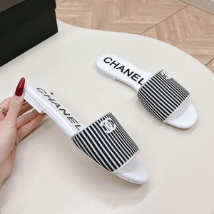 Chanel Slides with Enamel Logo Women Striped Canvas Black