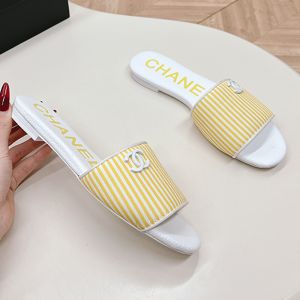 Chanel Slides with Enamel Logo Women Striped Canvas Orange