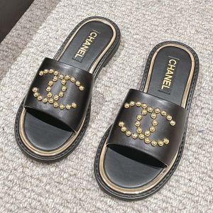 Chanel Slides with Metal Pearl Logo Women Lambskin Black