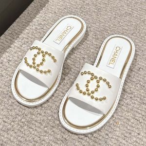 Chanel Slides with Metal Pearl Logo Women Lambskin White