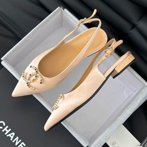 Chanel Slingback Flats with Pearl Logo Women Satin Khaki