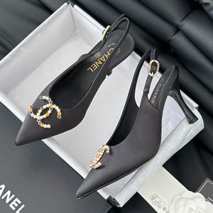 Chanel Slingback Pumps with Pearl Logo Women Satin Black