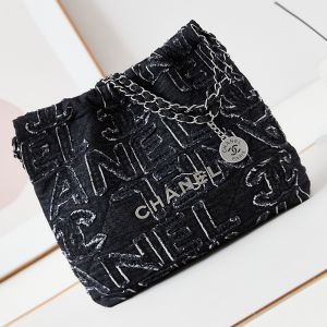 Chanel AS3260 Small 22 Hobo Bag with Chanel Logo Embroidery in Denim Black