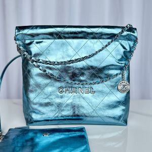 Chanel AS3260 Small 22 Hobo Bag with Chanel Letters in Shiny Calfskin Blue