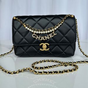 Chanel AS5011 Small Flap Crossbody Bag with Pearls and Chanel Crystals in Shiny Lambskin Black