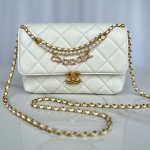 Chanel AS5011 Small Flap Crossbody Bag with Pearls and Chanel Crystals in Shiny Lambskin White