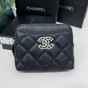 Chanel Small Zipped Coin Purse with Crystal Logo in Grained Calfskin Black/Gold