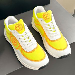 Chanel Sneakers with Embroidery Logo Women Calfskin and Stretch Fabric Yellow