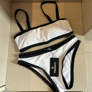 Chanel Spaghetti Straps Bikini with Crystal Logo Women Cotton White