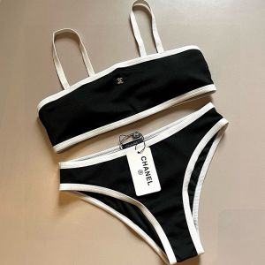 Chanel Spaghetti Straps Bikini with Crystal Logo Women Nylon and Lycra Black