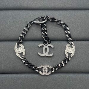 Chanel Thick Bracelet with Crystal Logo in Metal Black/Silver