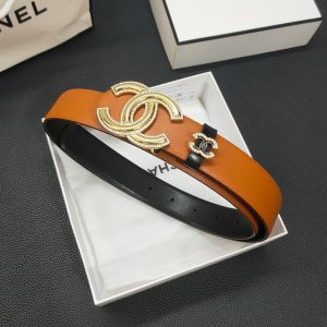 Chanel Wide Belt with Crystal Logo Buckle in Calfskin Brown